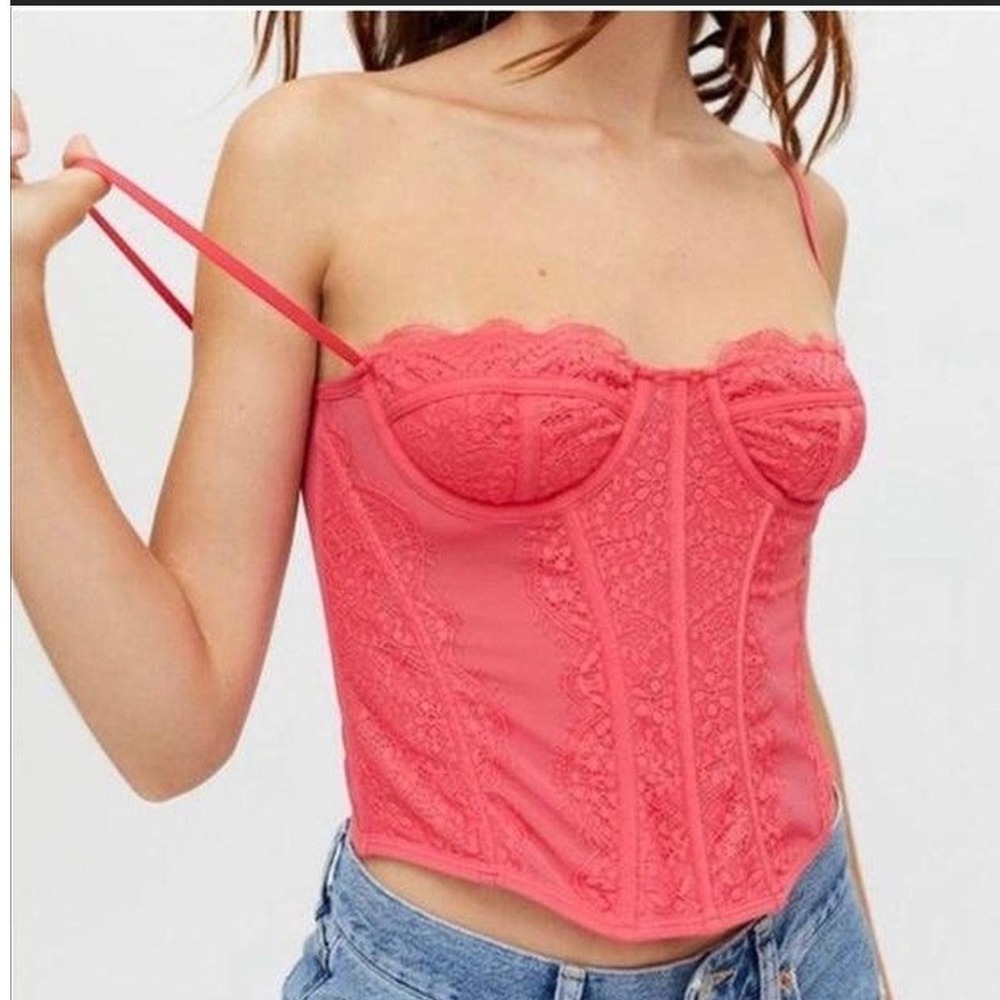 Out From Under Modern Love Lace Corset Top Coral Pink Underwire Bustier Sz L